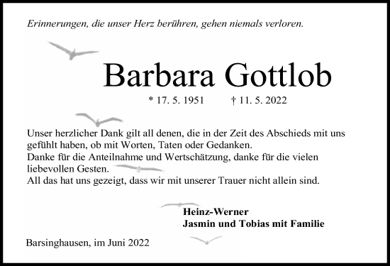 Traueranzeige von Barbara Gottlob von Hannoversche Allgemeine Zeitung/Neue Presse