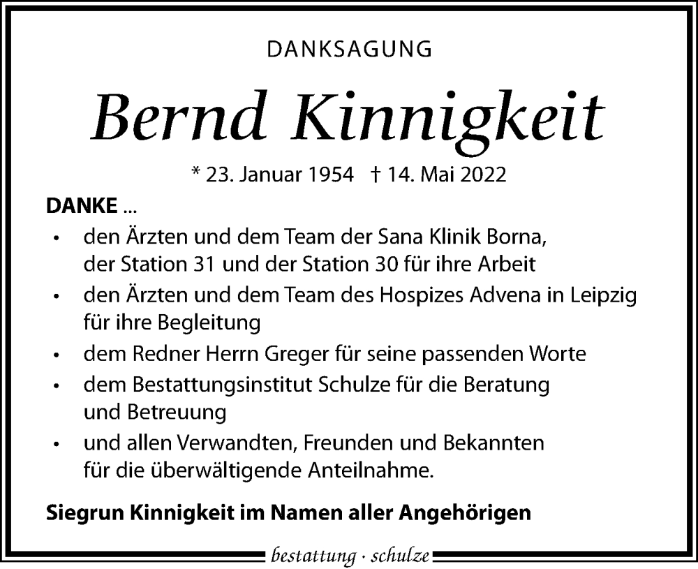  Traueranzeige für Bernd Kinnigkeit vom 11.06.2022 aus Leipziger Volkszeitung