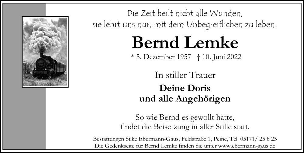  Traueranzeige für Bernd Lemke vom 18.06.2022 aus Peiner Allgemeine Zeitung