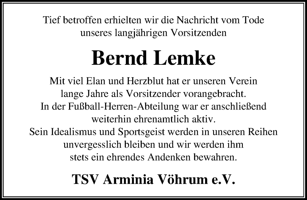  Traueranzeige für Bernd Lemke vom 23.06.2022 aus Peiner Allgemeine Zeitung