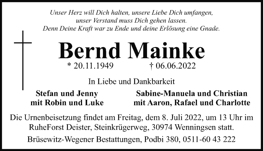  Traueranzeige für Bernd Mainke vom 25.06.2022 aus Hannoversche Allgemeine Zeitung/Neue Presse
