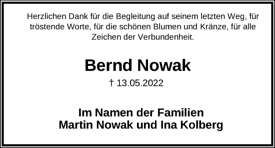 Traueranzeige von Bernd Nowak von Kieler Nachrichten