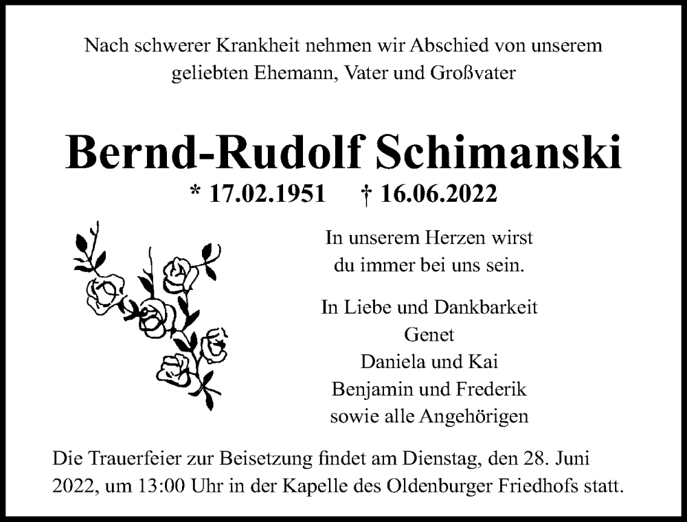  Traueranzeige für Bernd-Rudolf Schimanski vom 23.06.2022 aus Lübecker Nachrichten