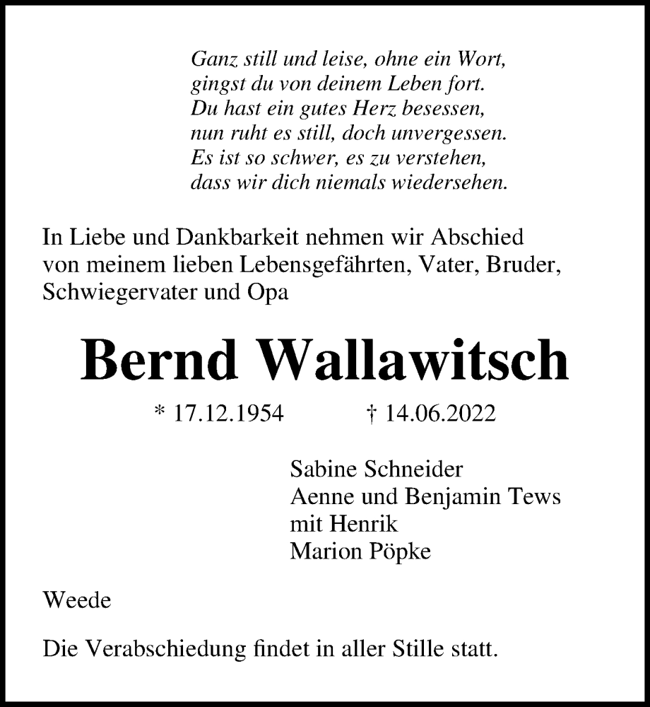 Traueranzeige für Bernd Wallawitsch vom 18.06.2022 aus Lübecker Nachrichten