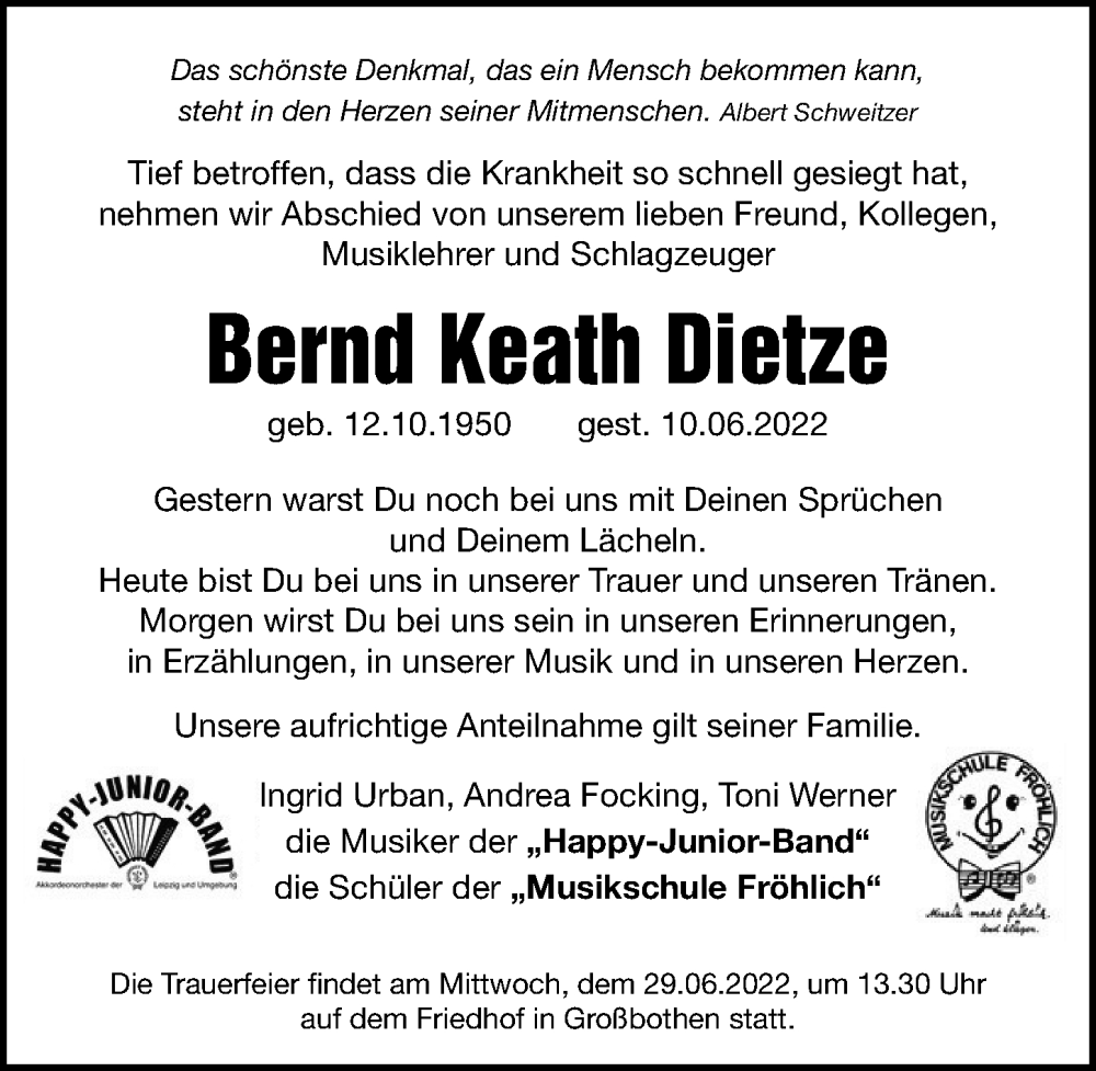  Traueranzeige für Bernd Keath Dietze vom 25.06.2022 aus Leipziger Volkszeitung
