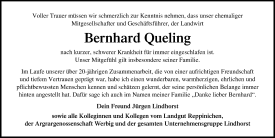 Traueranzeige von Bernhard Queling von Märkischen Allgemeine Zeitung
