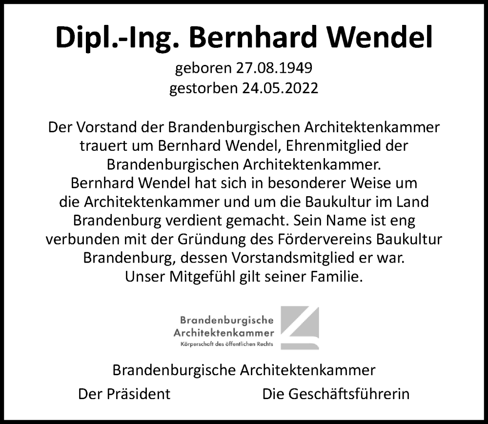  Traueranzeige für Bernhard Wendel vom 23.06.2022 aus Märkischen Allgemeine Zeitung