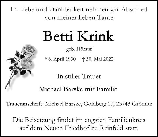 Traueranzeige von Betti Krink von Lübecker Nachrichten