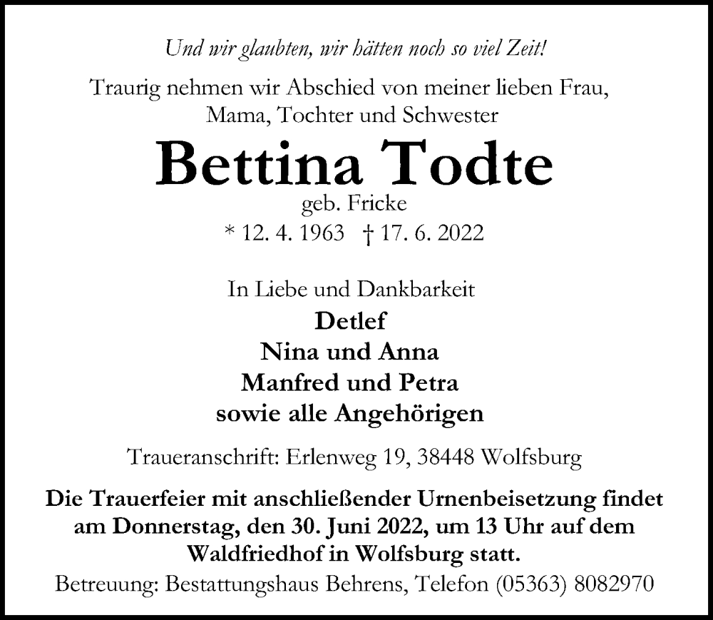 Traueranzeigen Von Bettina Todte | Trauer-anzeigen.de