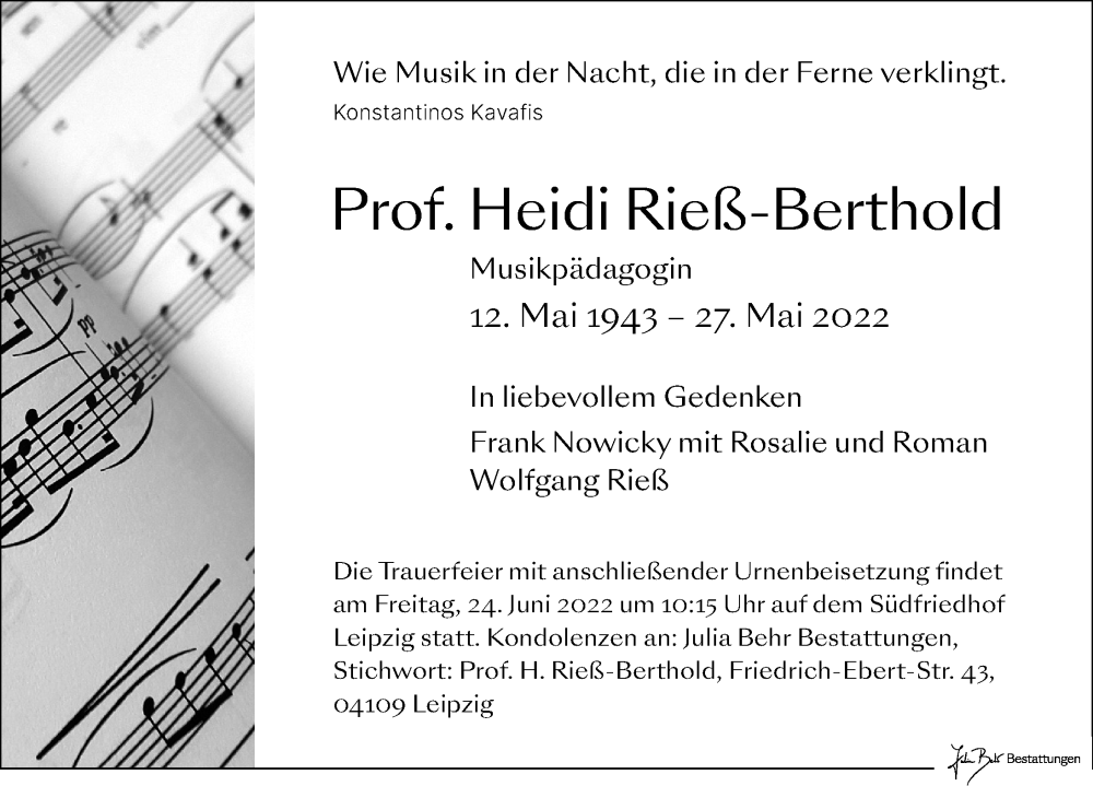  Traueranzeige für BHeidi Rieß-Berthold vom 11.06.2022 aus Leipziger Volkszeitung