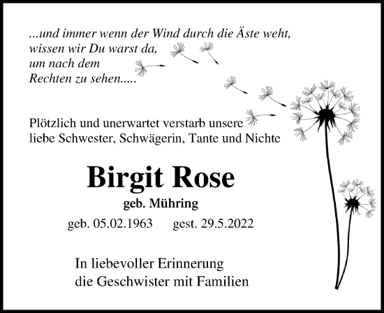 Traueranzeige von Birgit Rose von Ostsee-Zeitung GmbH