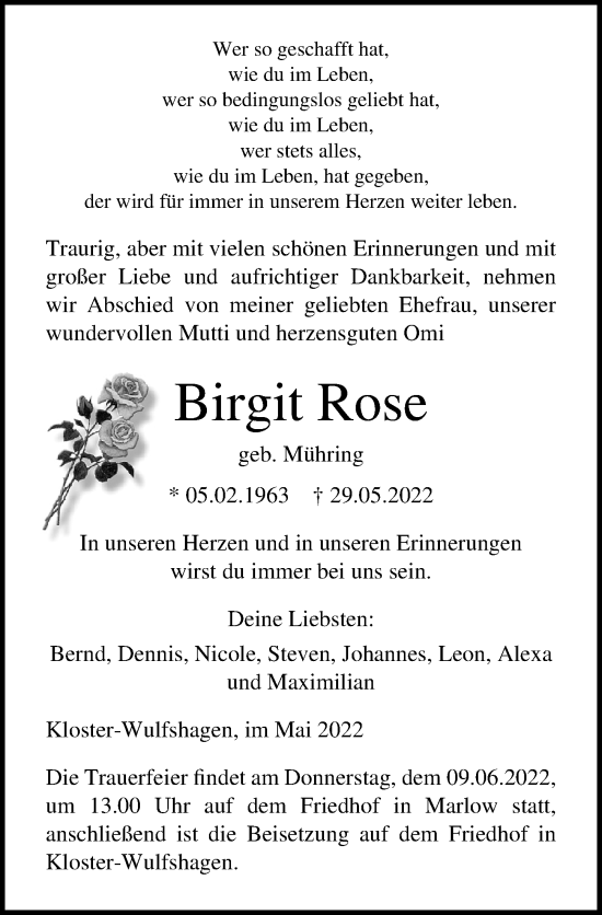 Traueranzeige von Birgit Rose von Ostsee-Zeitung GmbH