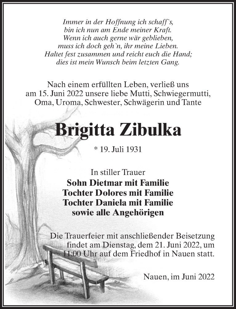  Traueranzeige für Brigitta Zibulka vom 18.06.2022 aus Märkischen Allgemeine Zeitung