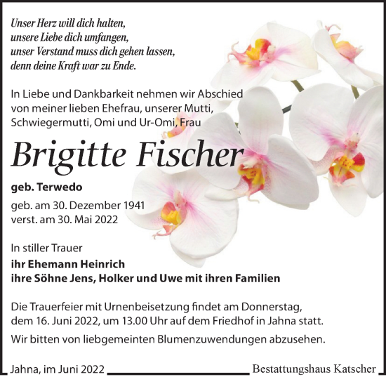 Traueranzeige von Brigitte Fischer von Leipziger Volkszeitung