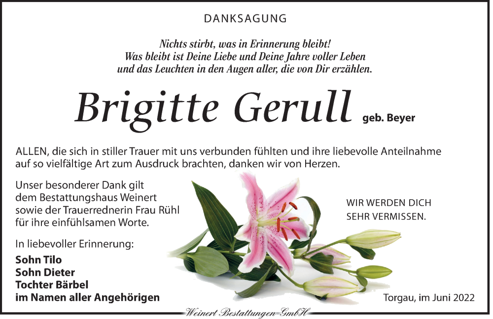  Traueranzeige für Brigitte Gerull vom 18.06.2022 aus Torgauer Zeitung