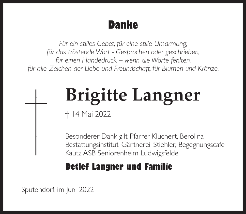  Traueranzeige für Brigitte Langner vom 11.06.2022 aus Märkischen Allgemeine Zeitung