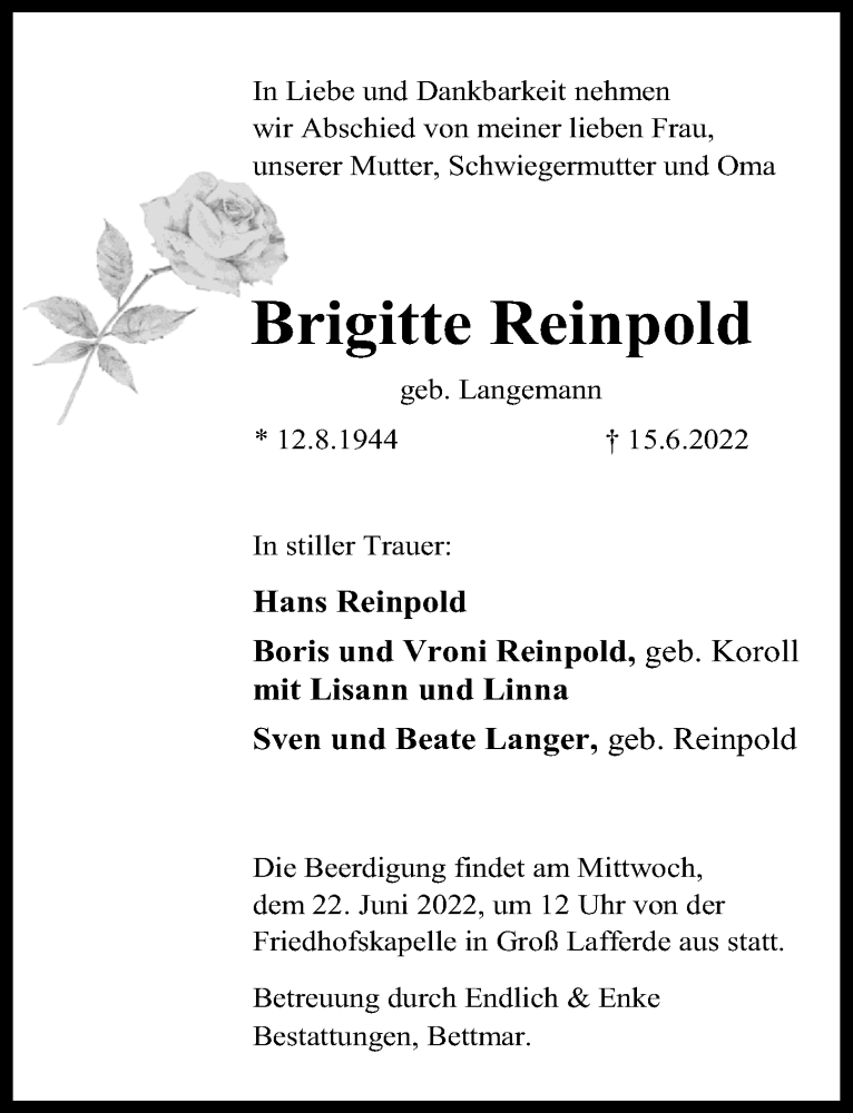  Traueranzeige für Brigitte Reinpold vom 18.06.2022 aus Peiner Allgemeine Zeitung