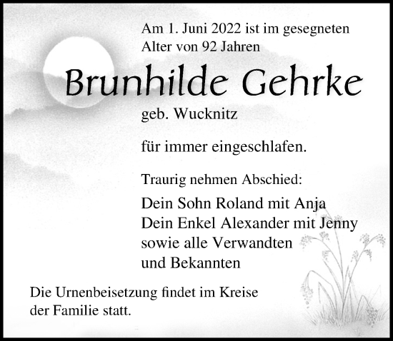 Traueranzeige von Brunhilde Gehrke von Ostsee-Zeitung GmbH