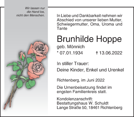 Traueranzeige von Brunhilde Hoppe von Ostsee-Zeitung GmbH