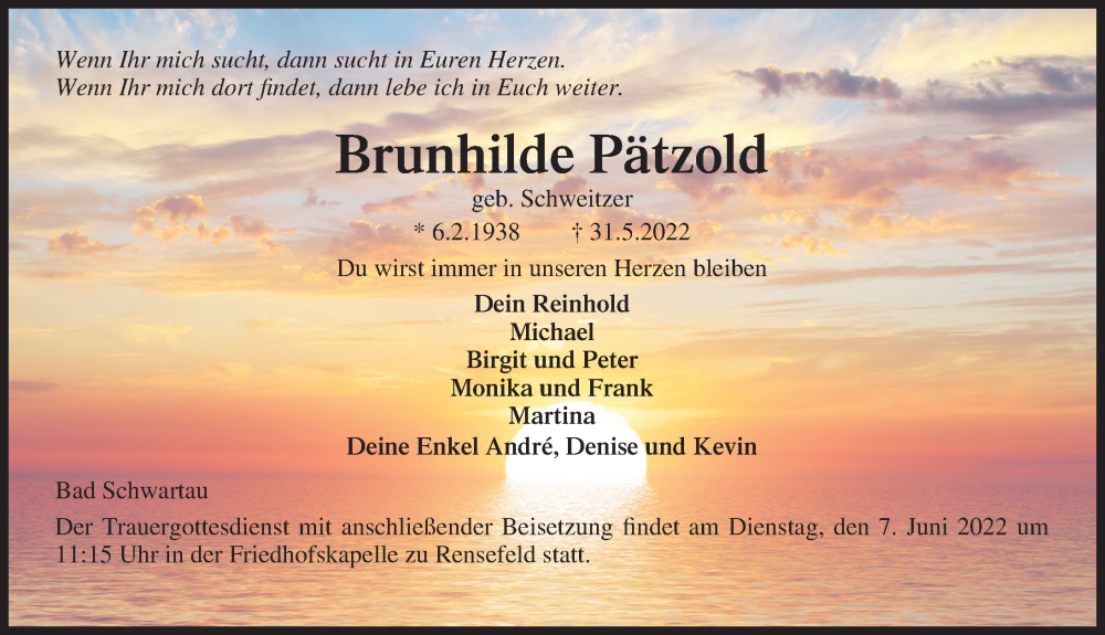  Traueranzeige für Brunhilde Pätzold vom 05.06.2022 aus Lübecker Nachrichten
