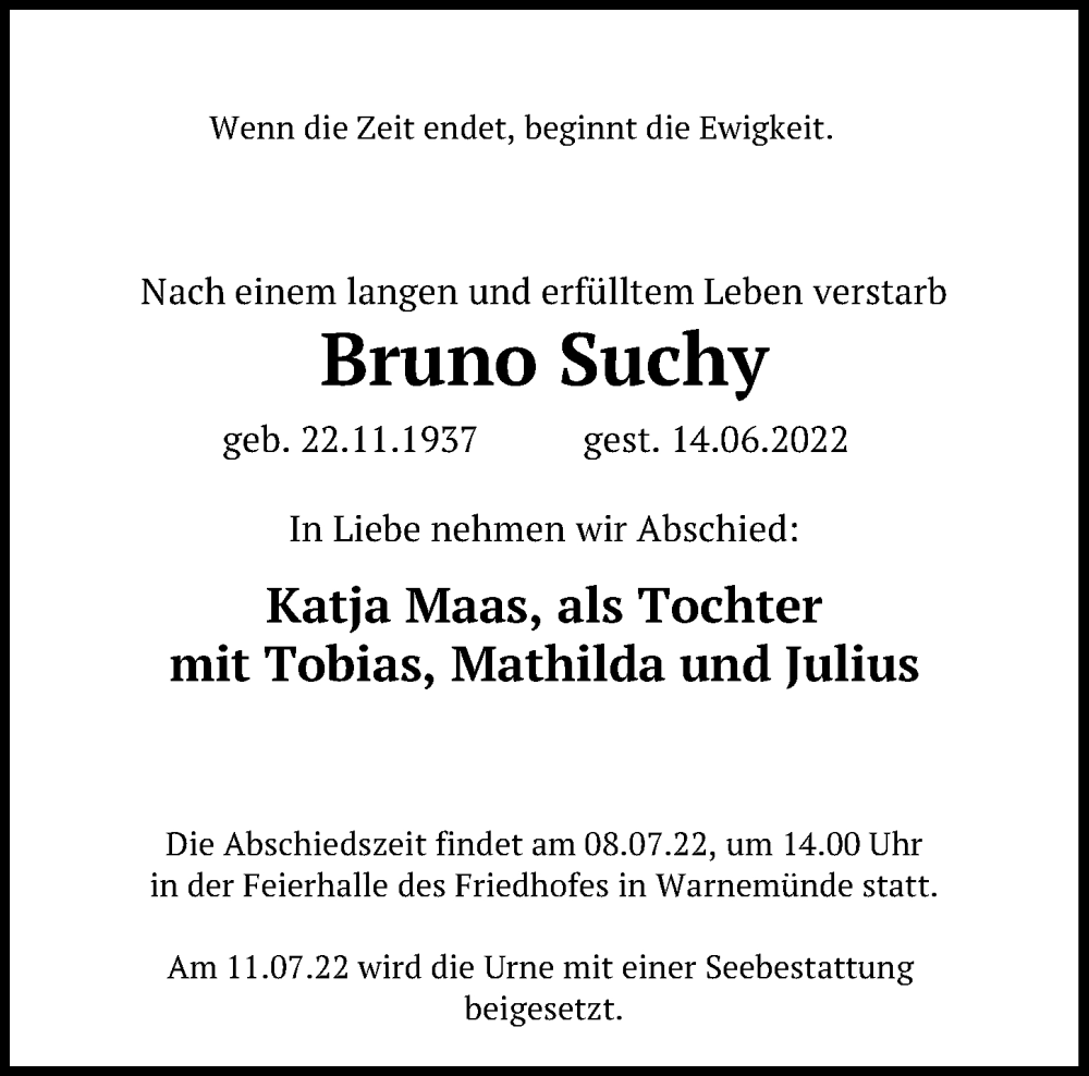  Traueranzeige für Bruno Suchy vom 21.06.2022 aus Ostsee-Zeitung GmbH