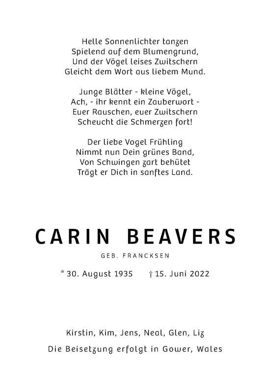 Traueranzeige von Carin Beavers von Hannoversche Allgemeine Zeitung/Neue Presse