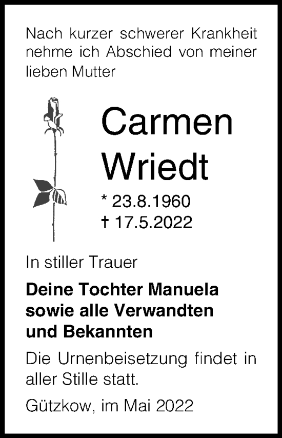 Traueranzeige von Carmen Wriedt von Ostsee-Zeitung GmbH