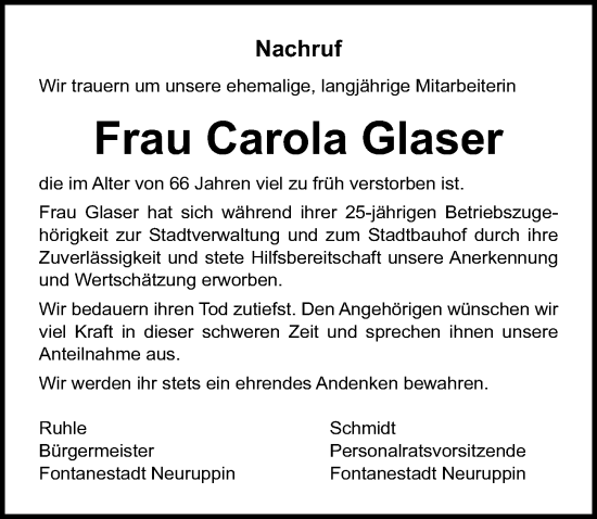 Traueranzeige von Carola Glaser von Märkischen Allgemeine Zeitung