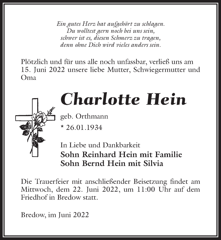  Traueranzeige für Charlotte Hein vom 18.06.2022 aus Märkischen Allgemeine Zeitung