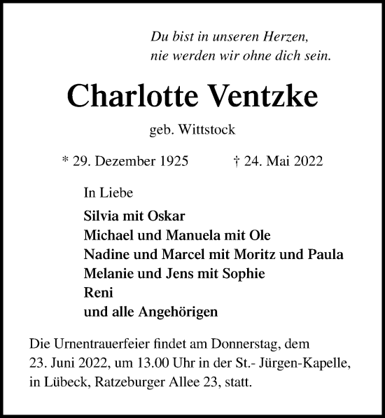 Traueranzeige von Charlotte Ventzke von Lübecker Nachrichten