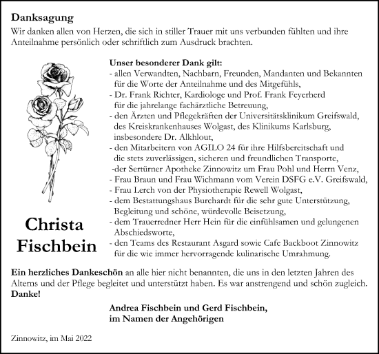 Traueranzeige von Christa Fischbein von Ostsee-Zeitung GmbH