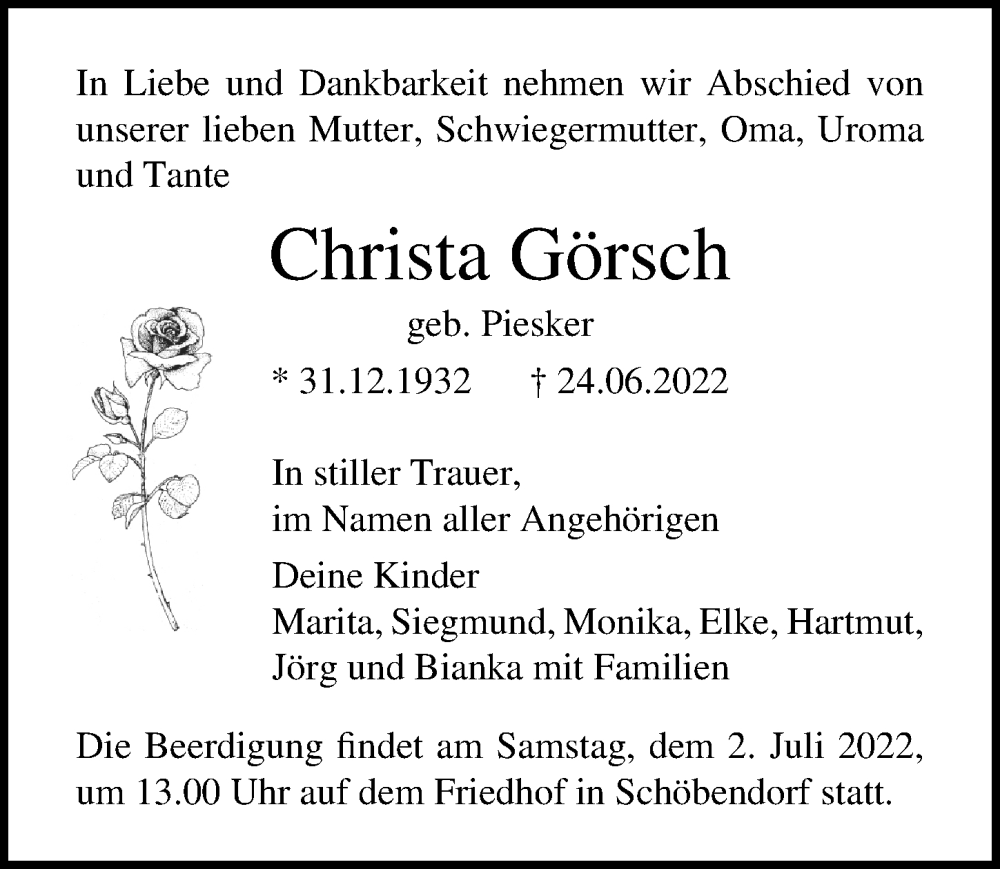  Traueranzeige für Christa Görsch vom 29.06.2022 aus Märkischen Allgemeine Zeitung