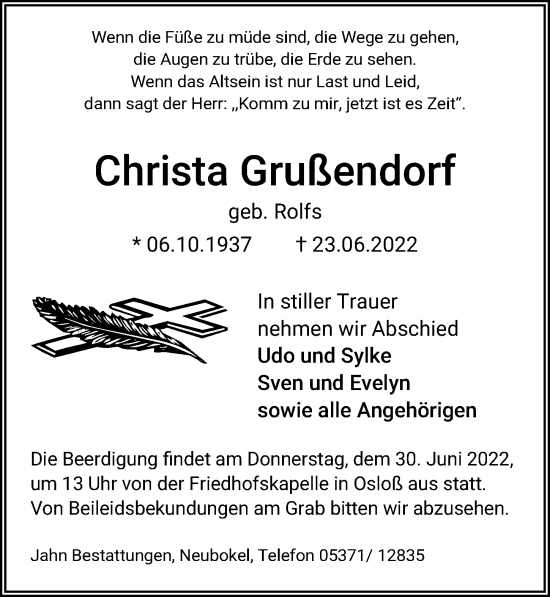 Traueranzeige von Christa Grußendorf von Aller Zeitung