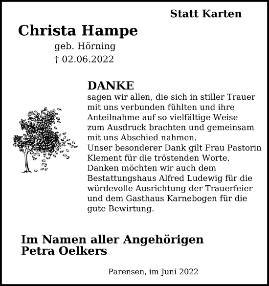 Traueranzeige von Christa Hampe von Göttinger Tageblatt