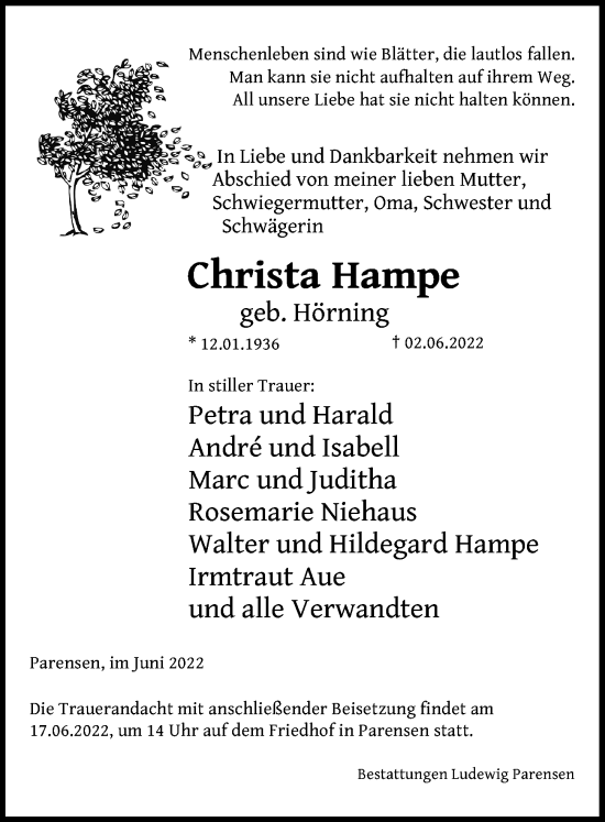 Traueranzeige von Christa Hampe von Göttinger Tageblatt