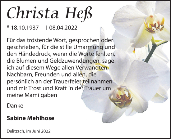 Traueranzeige von Christa Heß von Leipziger Volkszeitung