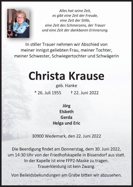 Traueranzeige von Christa Krause von Hannoversche Allgemeine Zeitung/Neue Presse