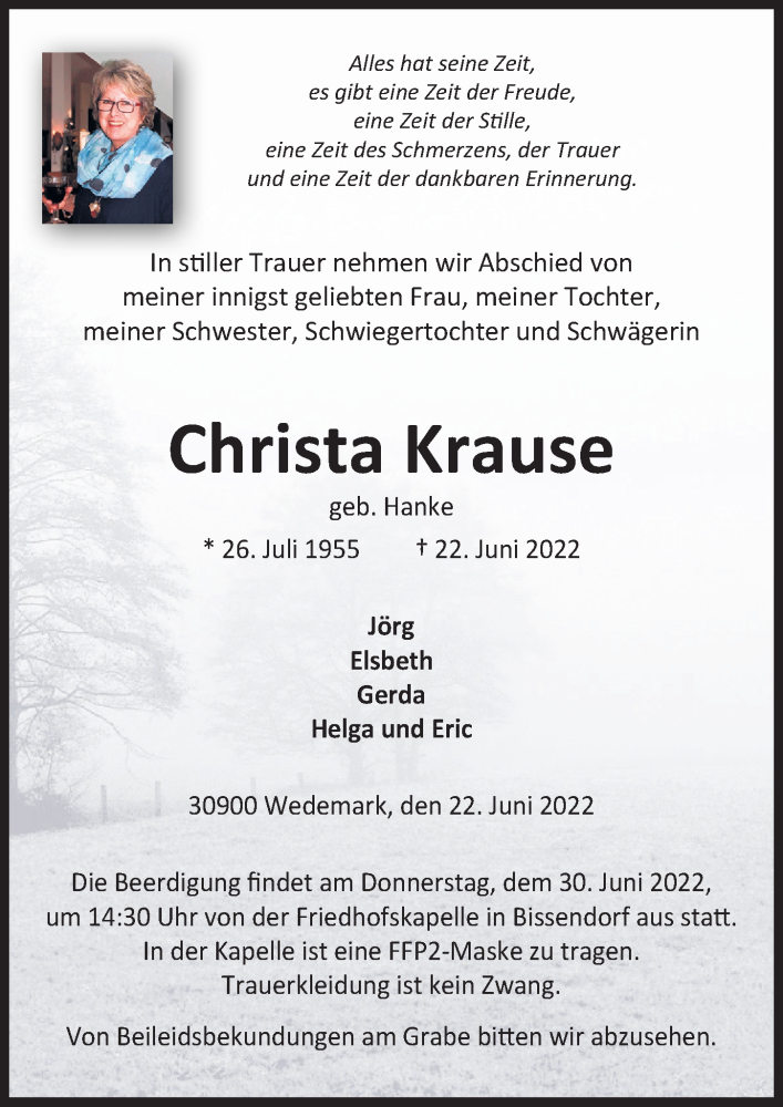  Traueranzeige für Christa Krause vom 28.06.2022 aus Hannoversche Allgemeine Zeitung/Neue Presse