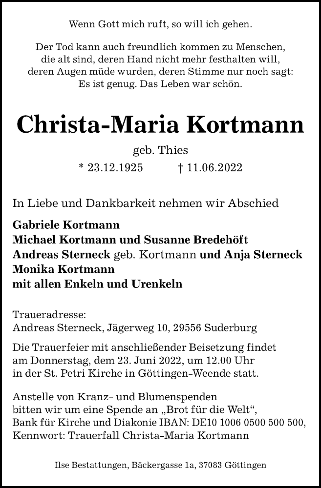  Traueranzeige für Christa-Maria Kortmann vom 18.06.2022 aus Göttinger Tageblatt
