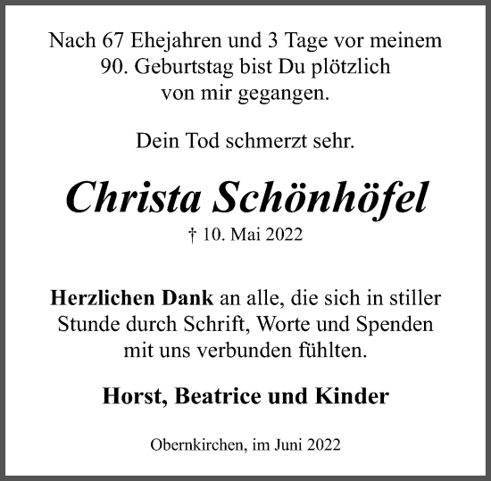 Traueranzeige von Christa Schönhöfel von Schaumburger Nachrichten