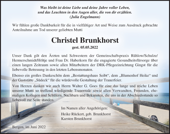 Traueranzeige von Christel Brunkhorst von Ostsee-Zeitung GmbH