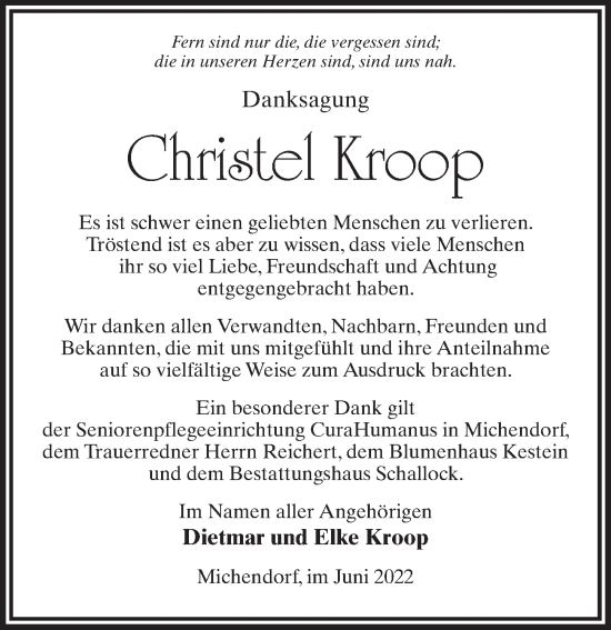Traueranzeige von Christel Kroop von Märkischen Allgemeine Zeitung