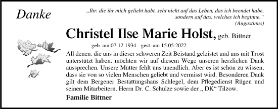 Traueranzeige von Christel Ilse Marie Holst von Ostsee-Zeitung GmbH