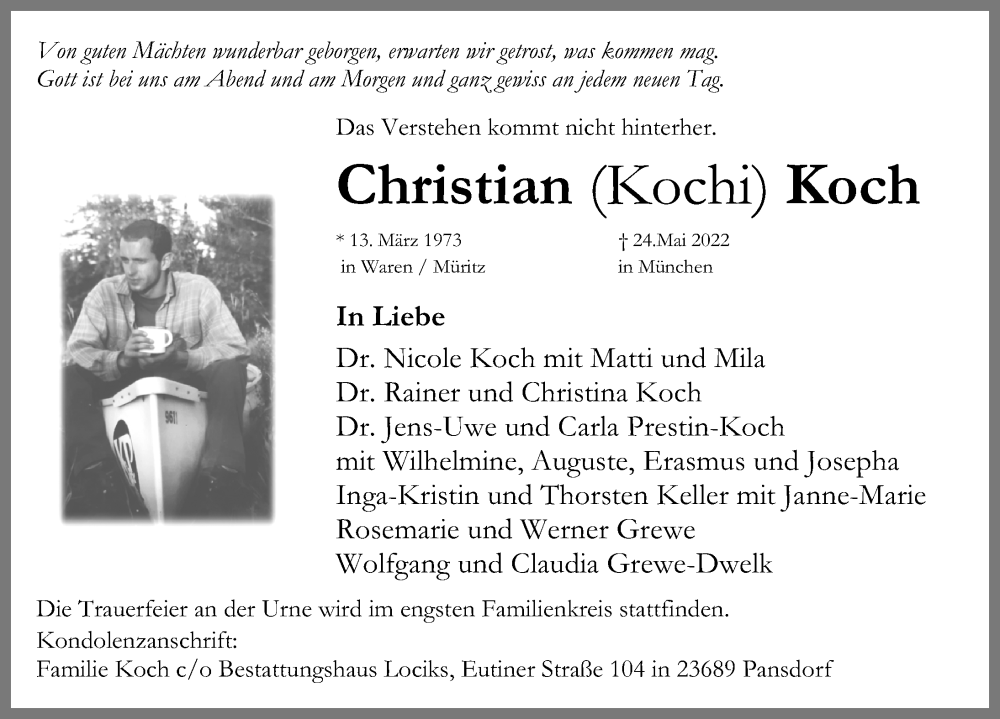  Traueranzeige für Christian Koch vom 05.06.2022 aus Lübecker Nachrichten