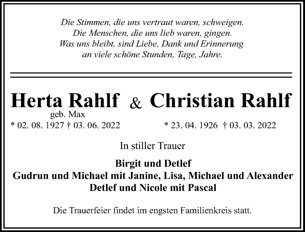  Traueranzeige für Christian Rahlf vom 12.06.2022 aus Lübecker Nachrichten