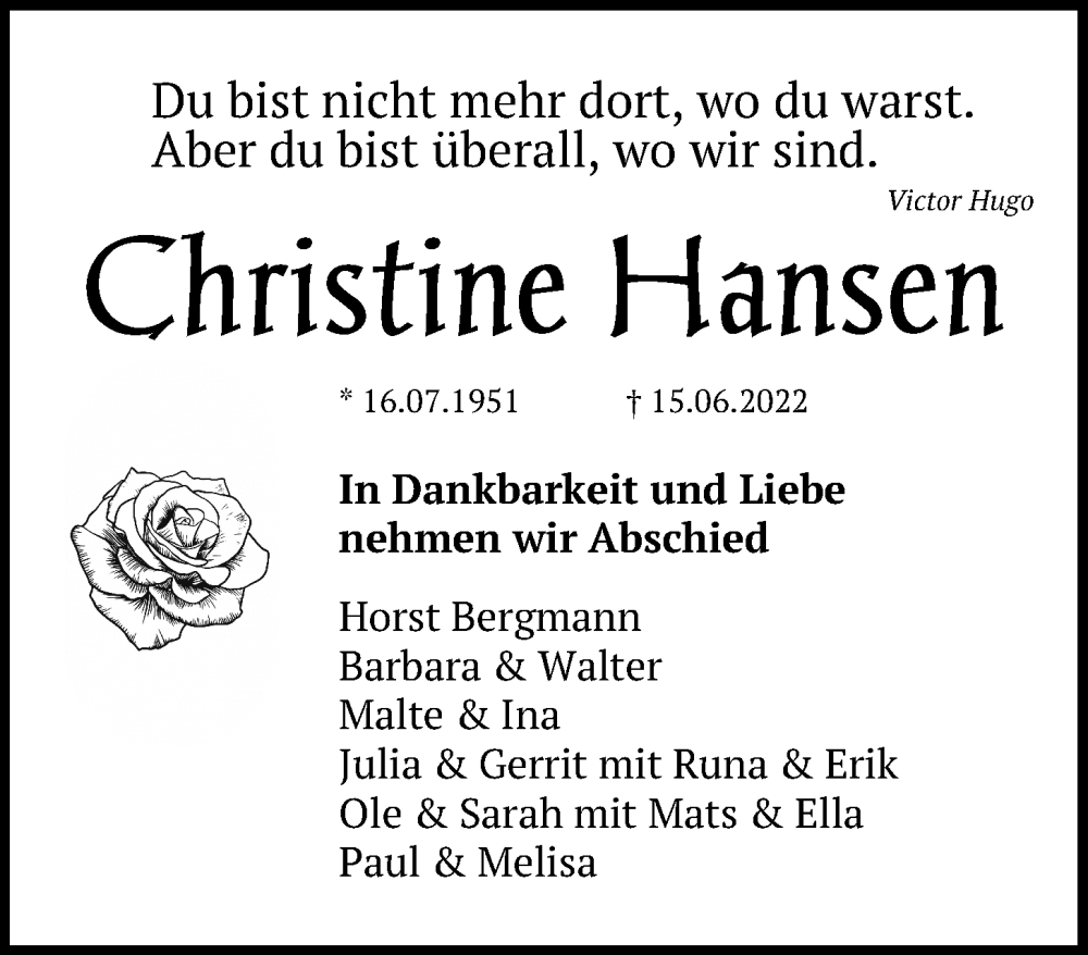  Traueranzeige für Christine Hansen vom 18.06.2022 aus Kieler Nachrichten