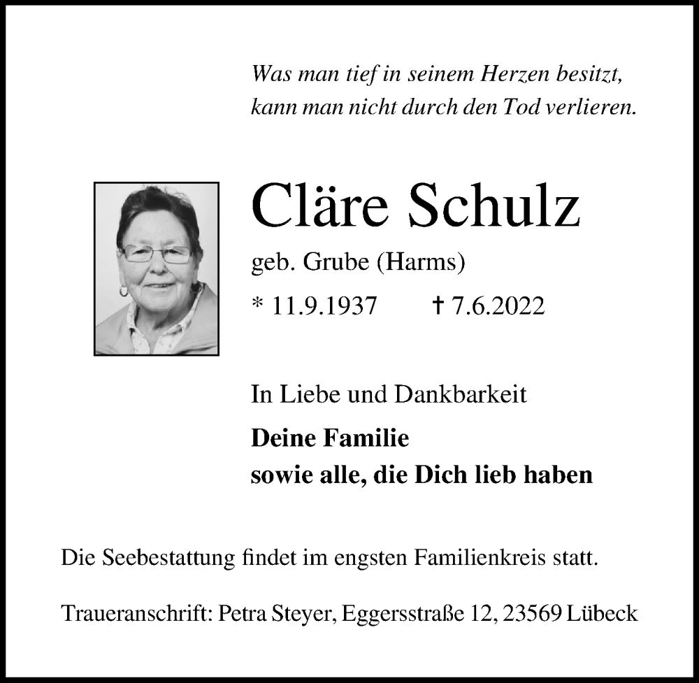  Traueranzeige für Cläre Schulz vom 12.06.2022 aus Lübecker Nachrichten