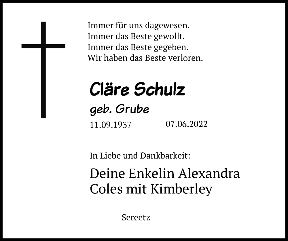  Traueranzeige für Cläre Schulz vom 14.06.2022 aus Lübecker Nachrichten