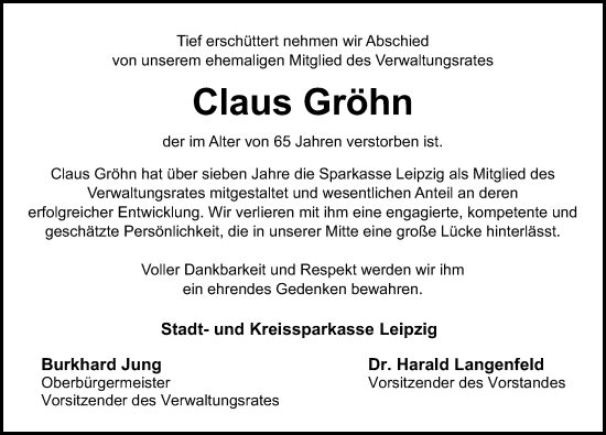 Traueranzeige von Claus Gröhn von Leipziger Volkszeitung