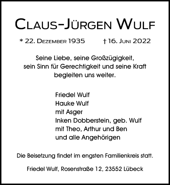 Traueranzeige von Claus-Jürgen Wulf von Lübecker Nachrichten